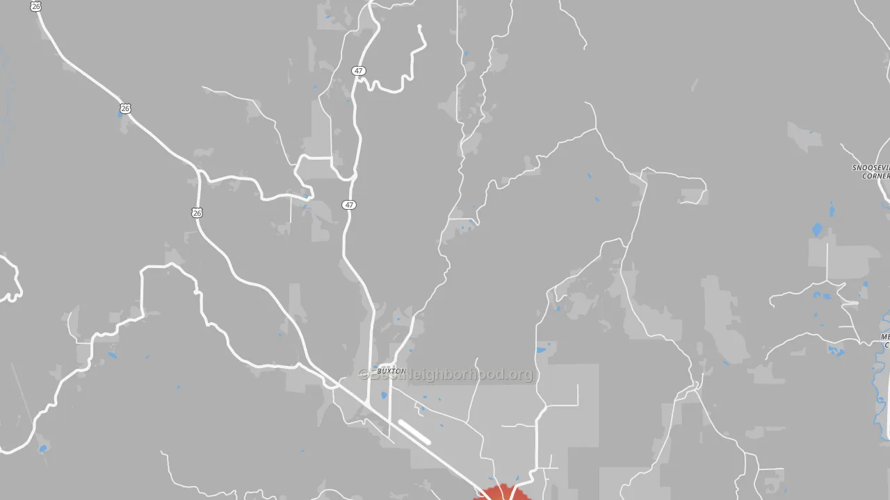 Walk Grade map of Buxton, OR, walkable areas in green and car-dependent areas in red