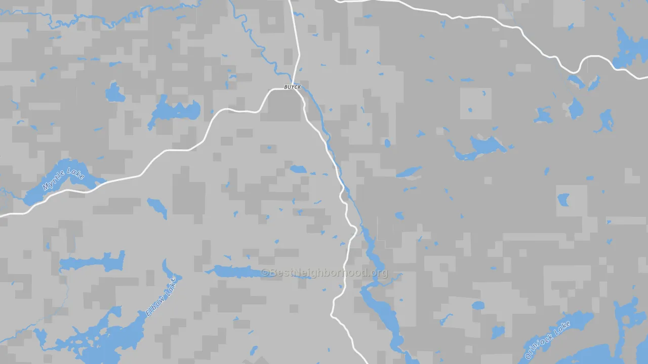 Walk Grade map of Buyck, MN, walkable areas in green and car-dependent areas in red