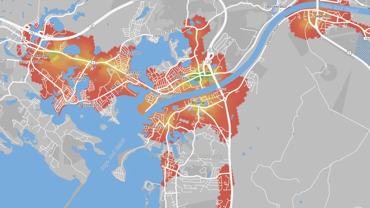 Walk Grade map of Buzzards Bay, MA, walkable areas in green and car-dependent areas in red