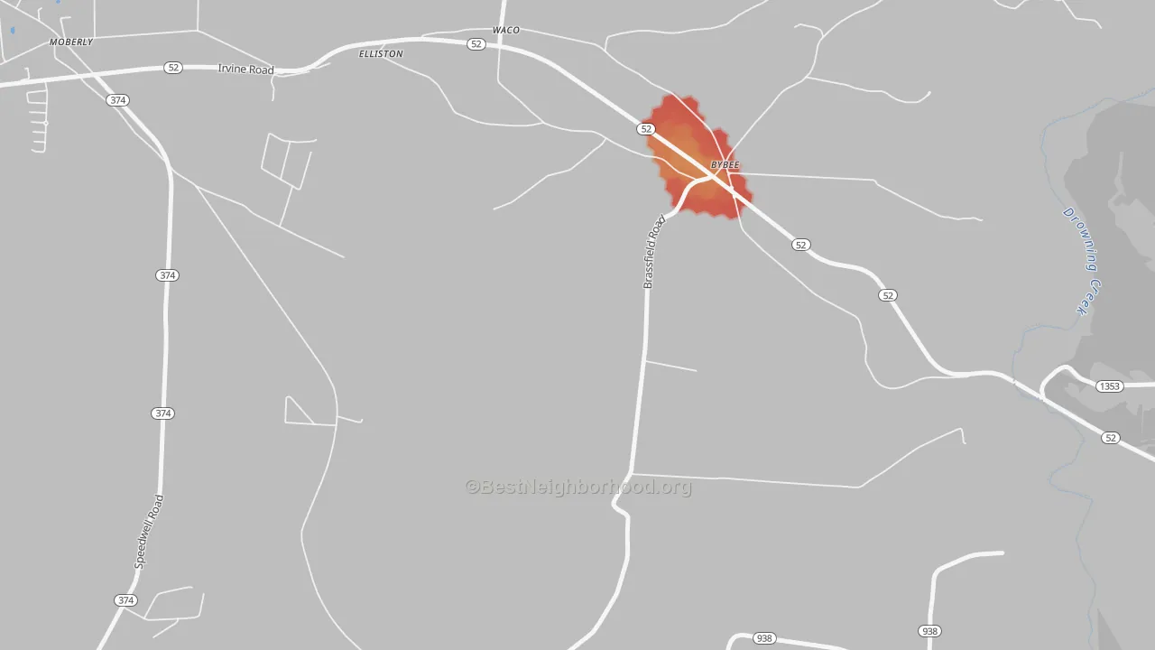 Walk Grade map of Bybee, KY, walkable areas in green and car-dependent areas in red