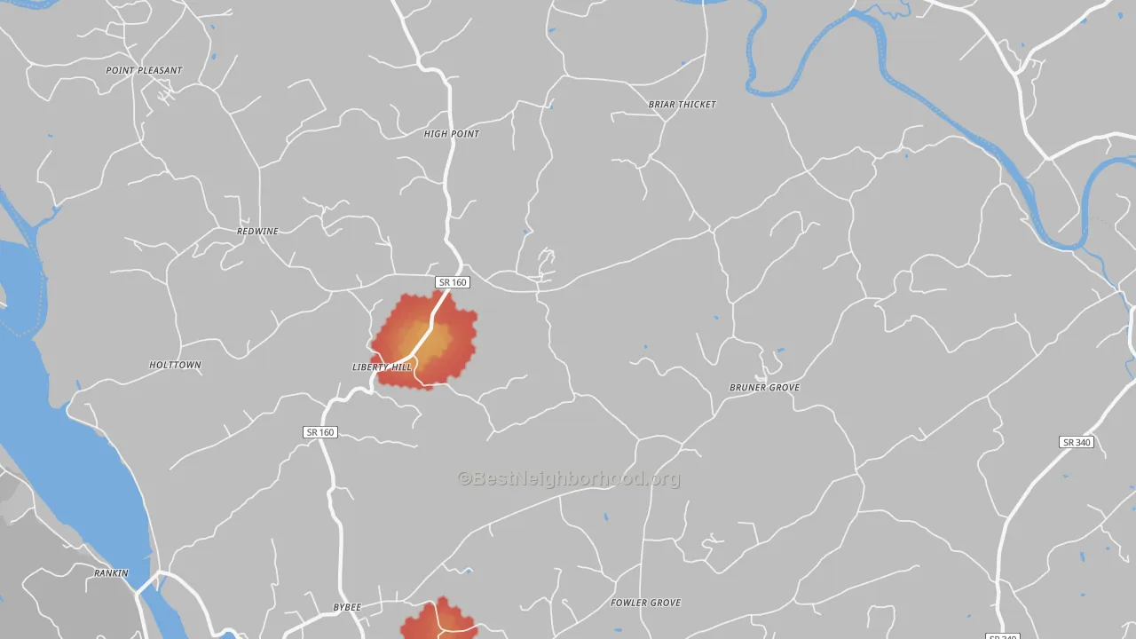 Walk Grade map of Bybee, TN, walkable areas in green and car-dependent areas in red