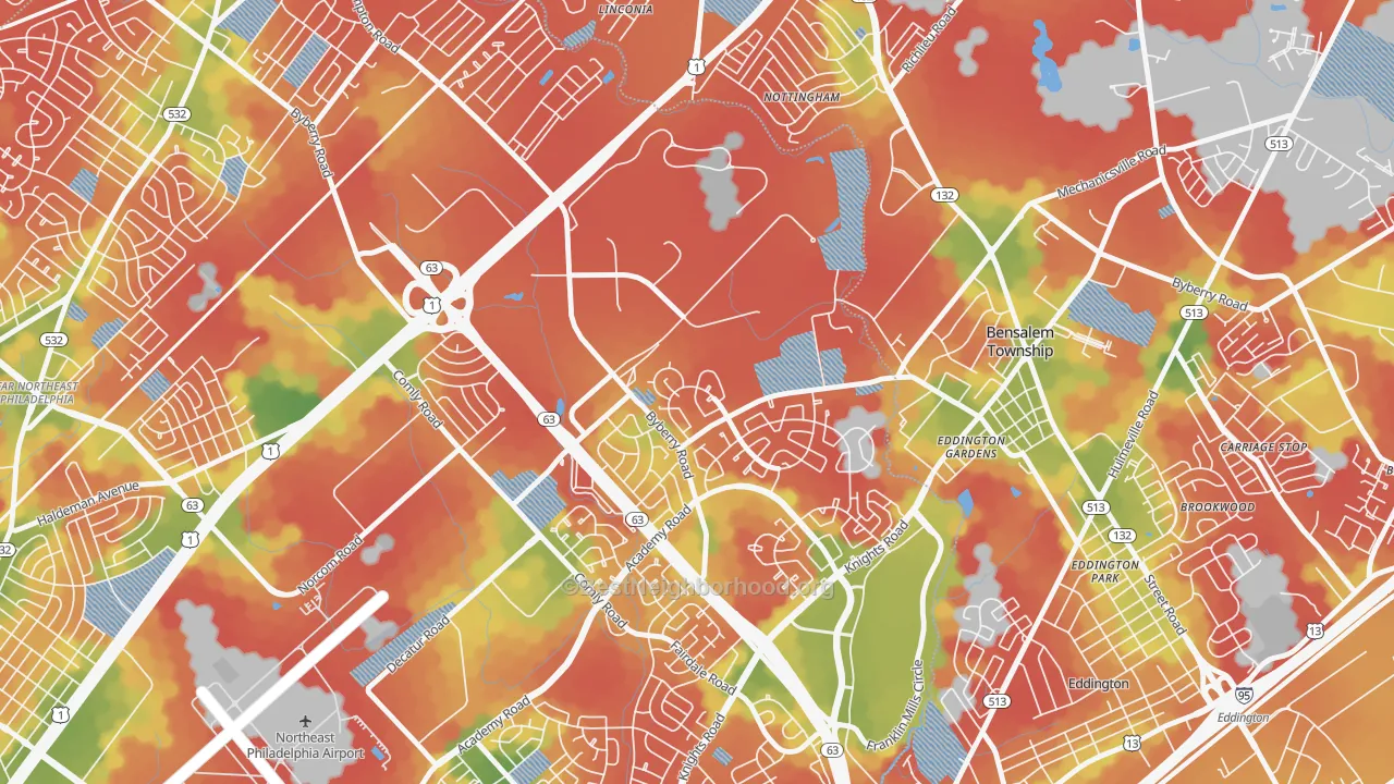 Walk Grade map of Byberry, Philadelphia, PA, walkable areas in green and car-dependent areas in red