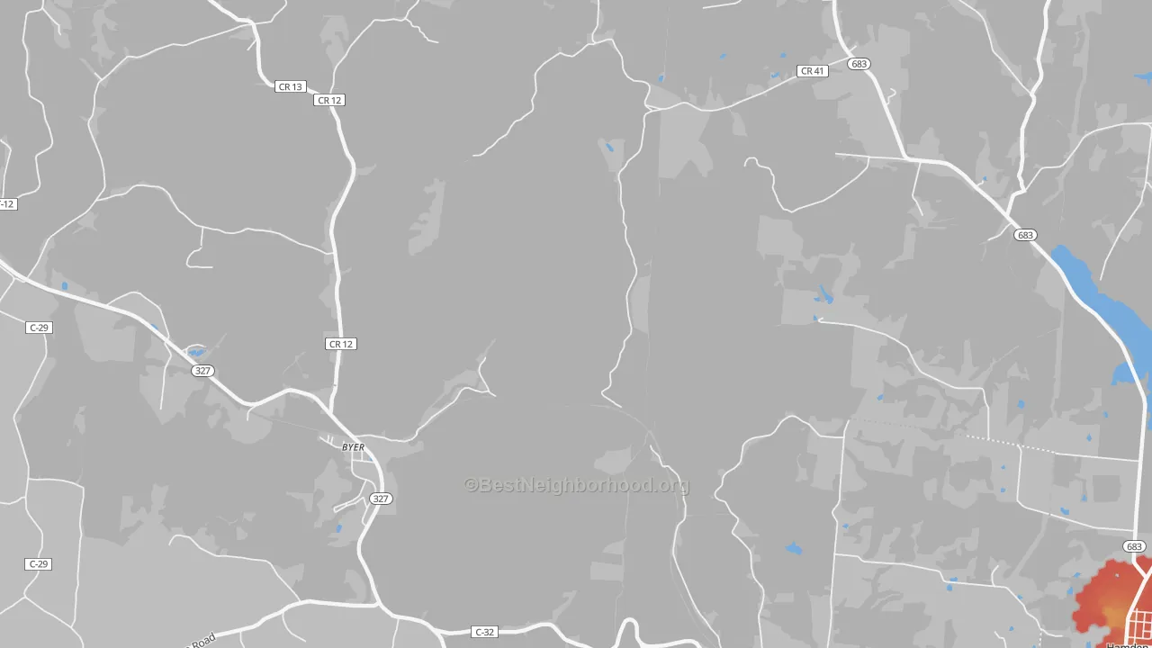 Walk Grade map of Byer, OH, walkable areas in green and car-dependent areas in red