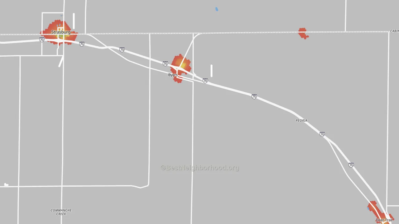 Walk Grade map of Byers, CO, walkable areas in green and car-dependent areas in red