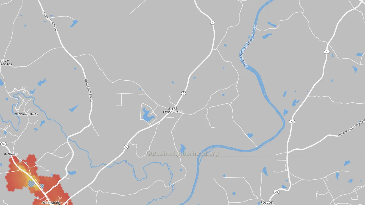 Walk Grade map of Byers Crossroads, GA, walkable areas in green and car-dependent areas in red