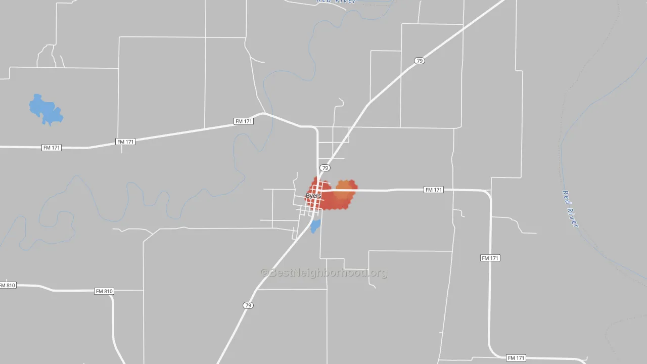 Walk Grade map of Byers, TX, walkable areas in green and car-dependent areas in red
