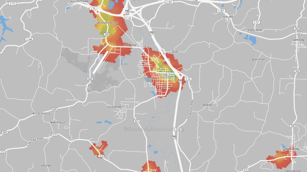 Walk Grade map of Byesville, OH, walkable areas in green and car-dependent areas in red