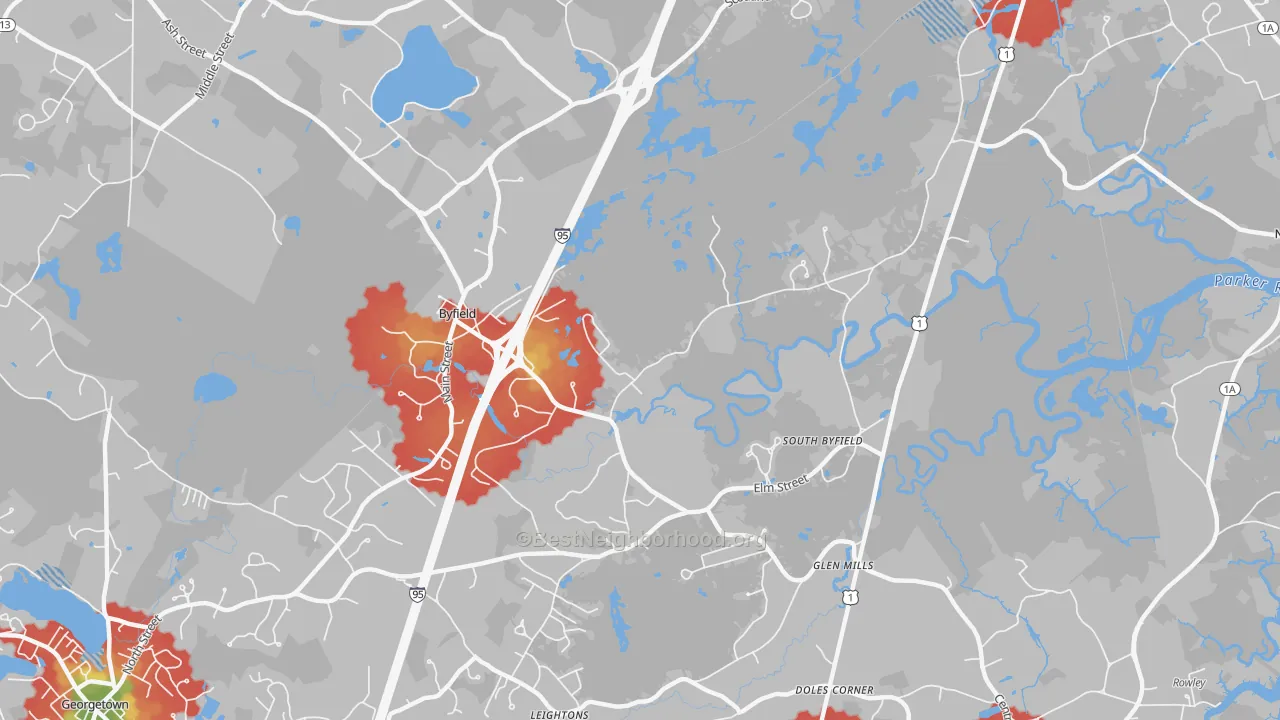 Walk Grade map of Byfield, MA, walkable areas in green and car-dependent areas in red