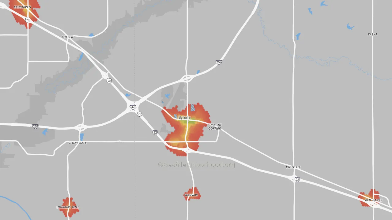 Walk Grade map of Byhalia, MS, walkable areas in green and car-dependent areas in red