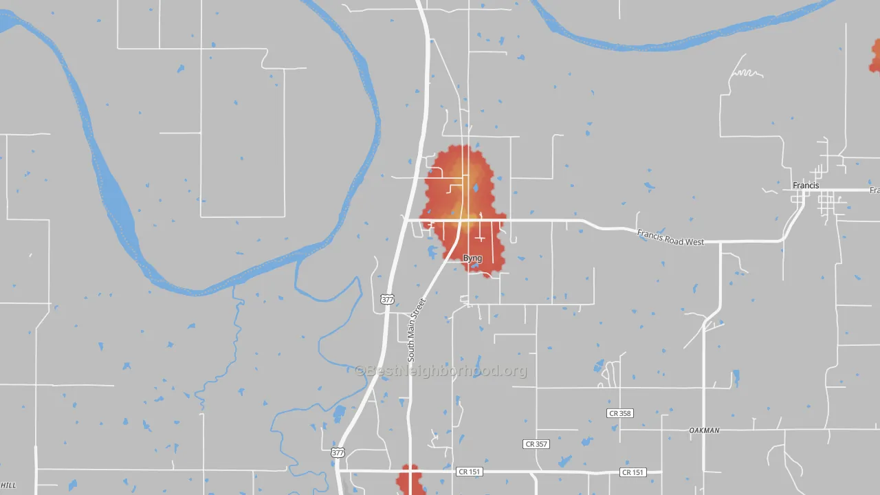 Walk Grade map of Byng, OK, walkable areas in green and car-dependent areas in red
