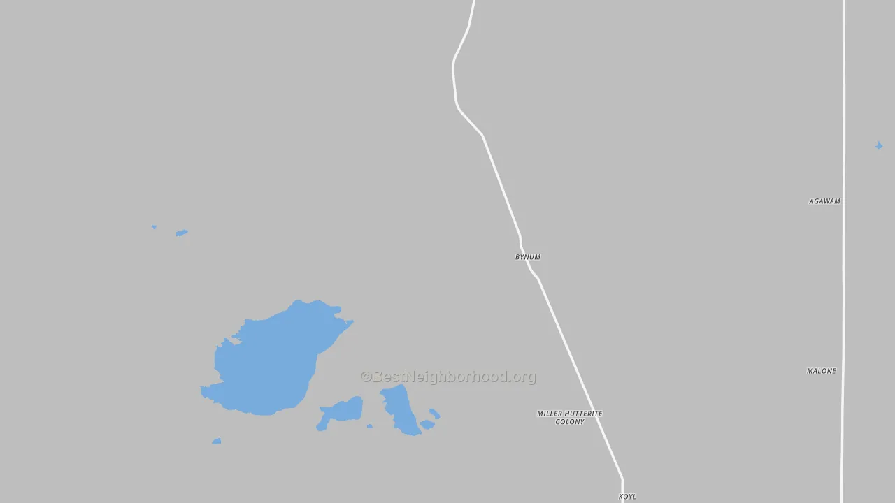 Walk Grade map of Bynum, MT, walkable areas in green and car-dependent areas in red