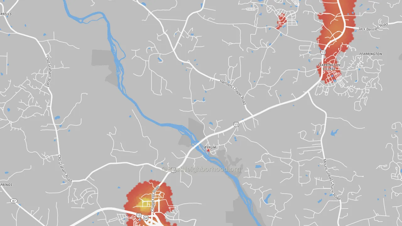 Walk Grade map of Bynum, NC, walkable areas in green and car-dependent areas in red