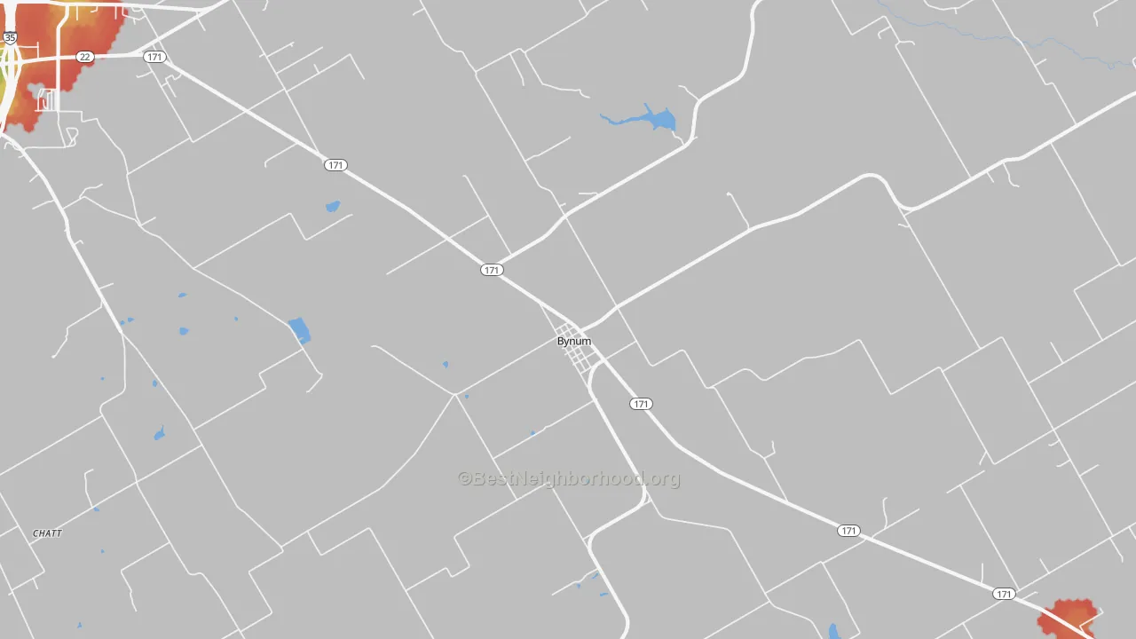 Walk Grade map of Bynum, TX, walkable areas in green and car-dependent areas in red