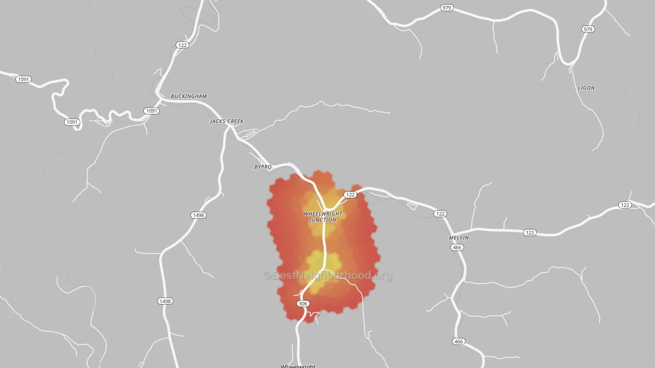 Walk Grade map of Bypro, KY, walkable areas in green and car-dependent areas in red