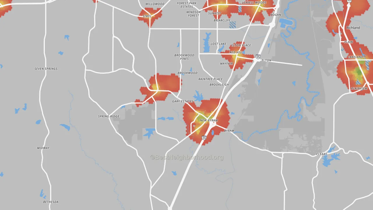 Walk Grade map of Byram, MS, walkable areas in green and car-dependent areas in red