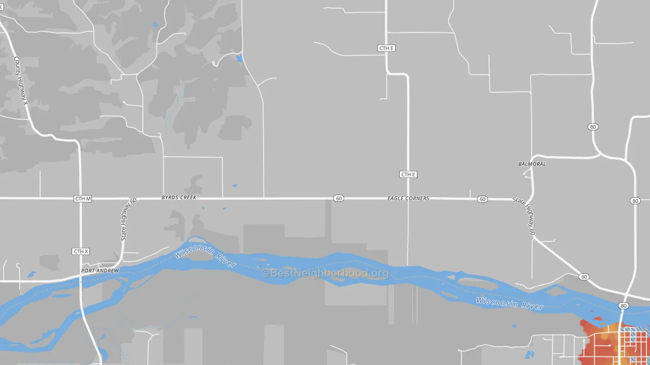 Walk Grade map of Byrds Creek, WI, walkable areas in green and car-dependent areas in red