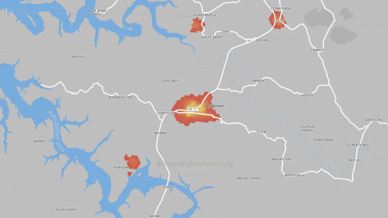 Walk Grade map of Byrdstown, TN, walkable areas in green and car-dependent areas in red