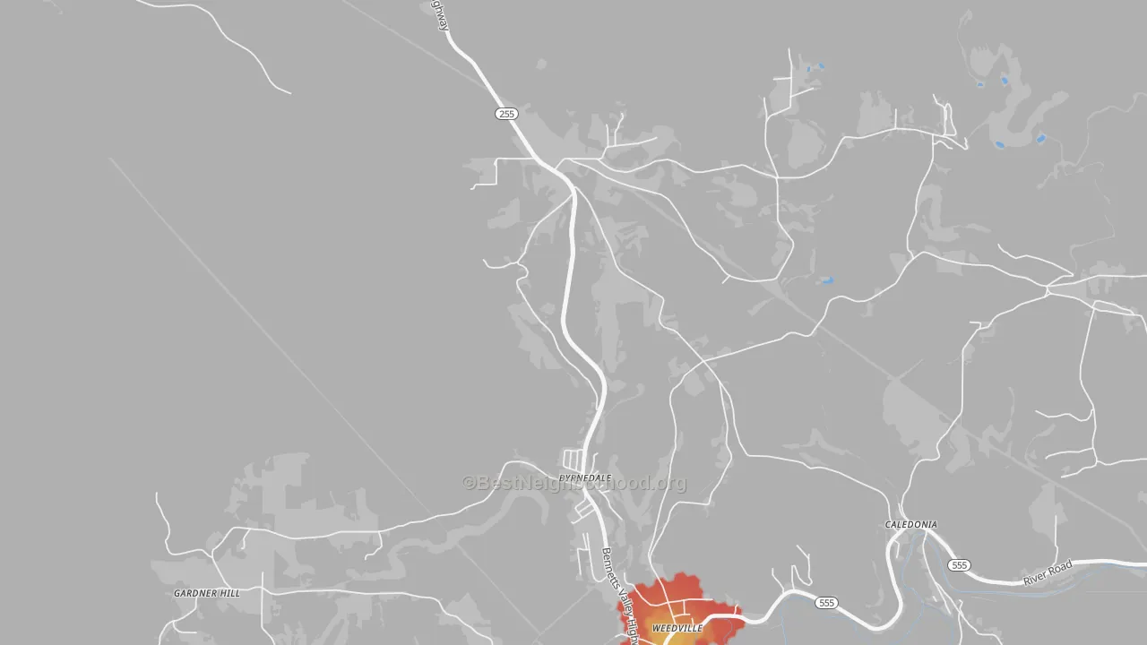 Walk Grade map of Byrnedale, PA, walkable areas in green and car-dependent areas in red