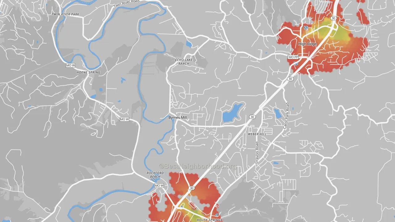 Walk Grade map of Byrnes Mill, MO, walkable areas in green and car-dependent areas in red