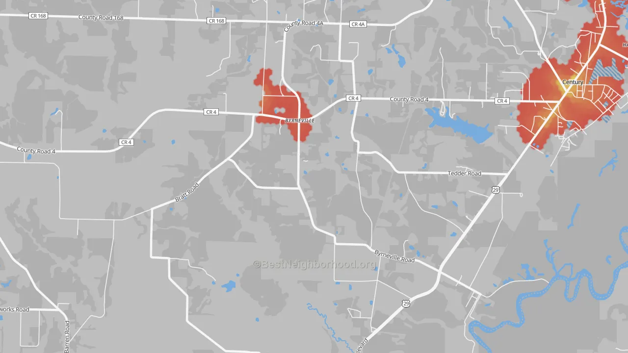 Walk Grade map of Byrneville, FL, walkable areas in green and car-dependent areas in red