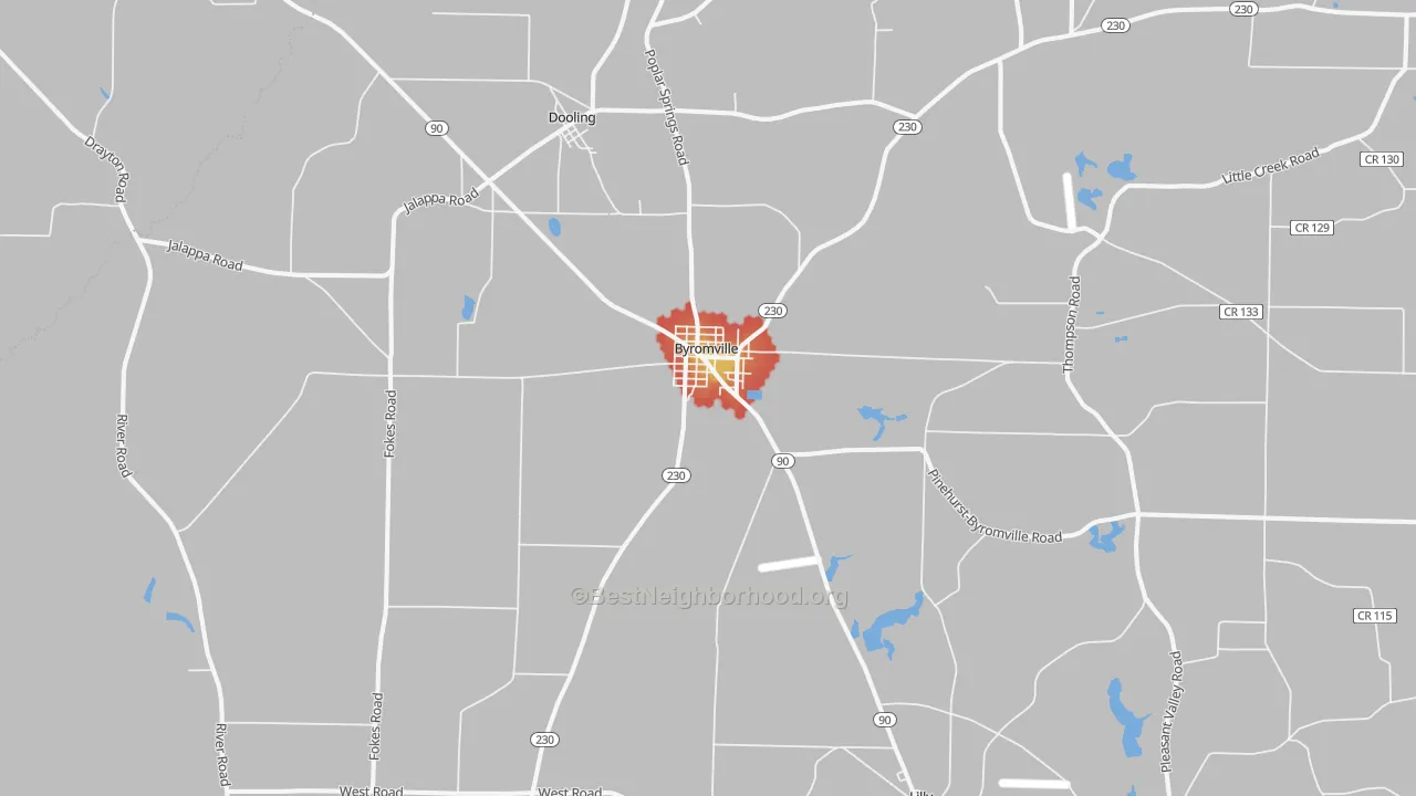 Walk Grade map of Byromville, GA, walkable areas in green and car-dependent areas in red