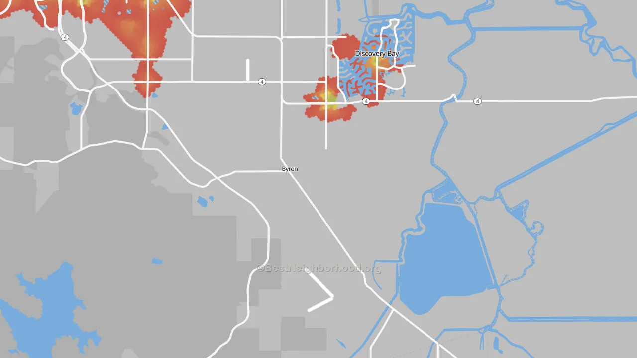 Walk Grade map of Byron, CA, walkable areas in green and car-dependent areas in red