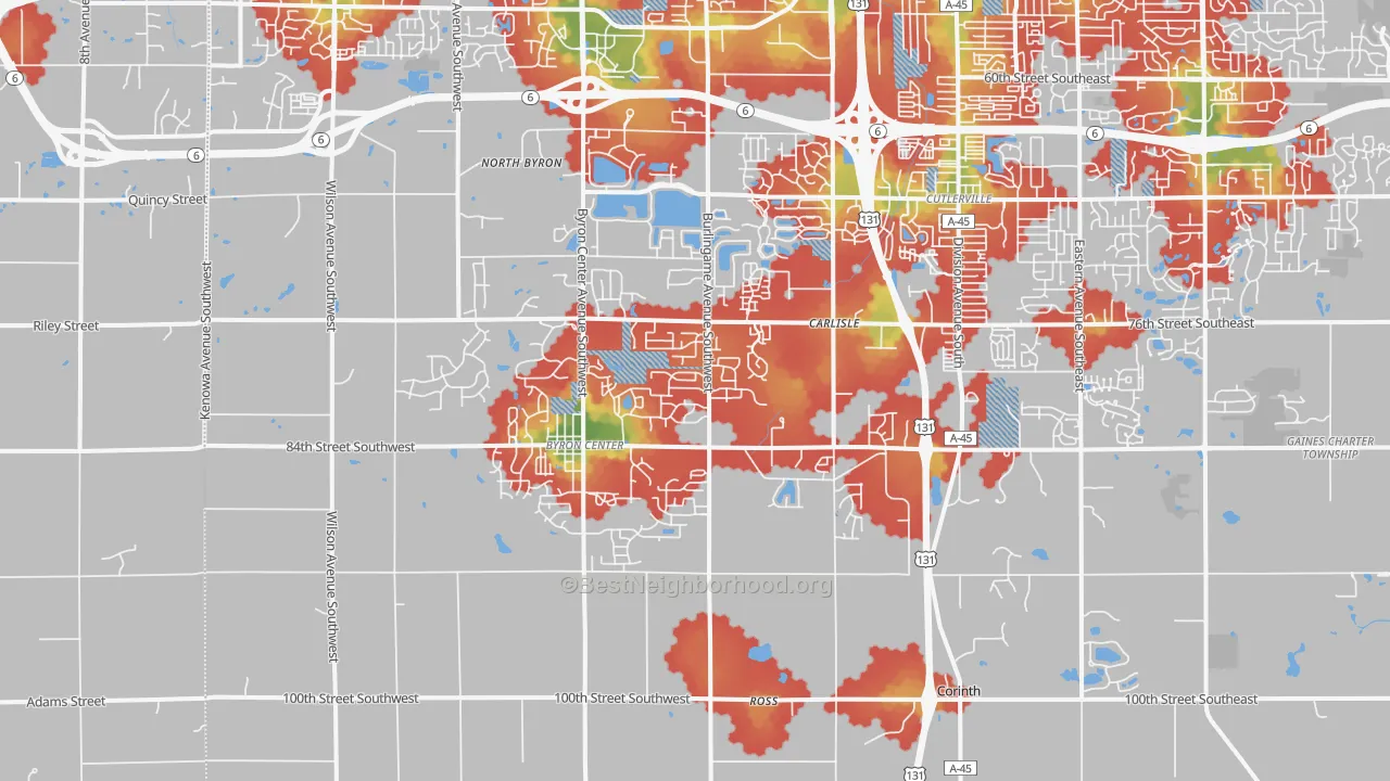 Walk Grade map of Byron Center, MI, walkable areas in green and car-dependent areas in red