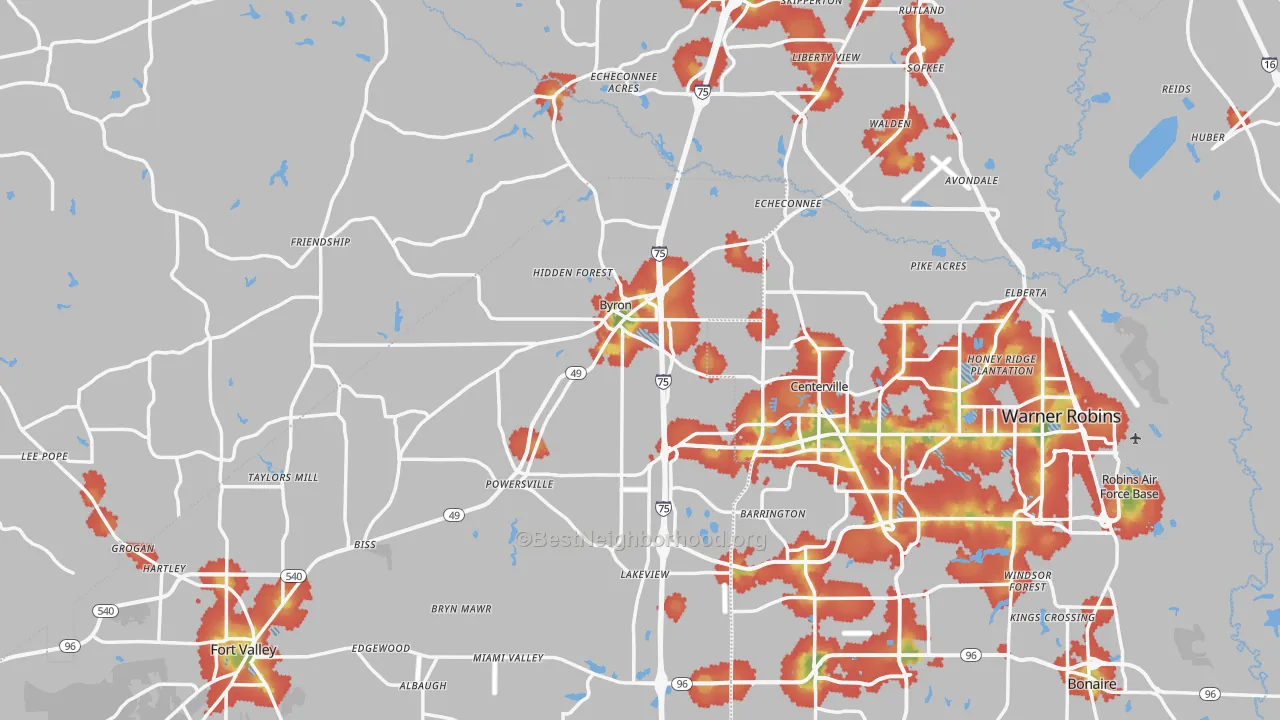 Walk Grade map of Byron, GA, walkable areas in green and car-dependent areas in red
