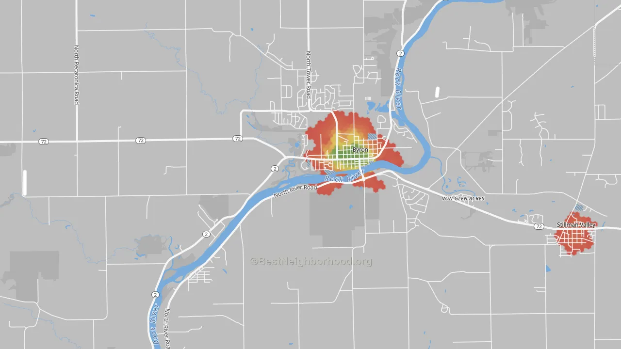 Walk Grade map of Byron, IL, walkable areas in green and car-dependent areas in red