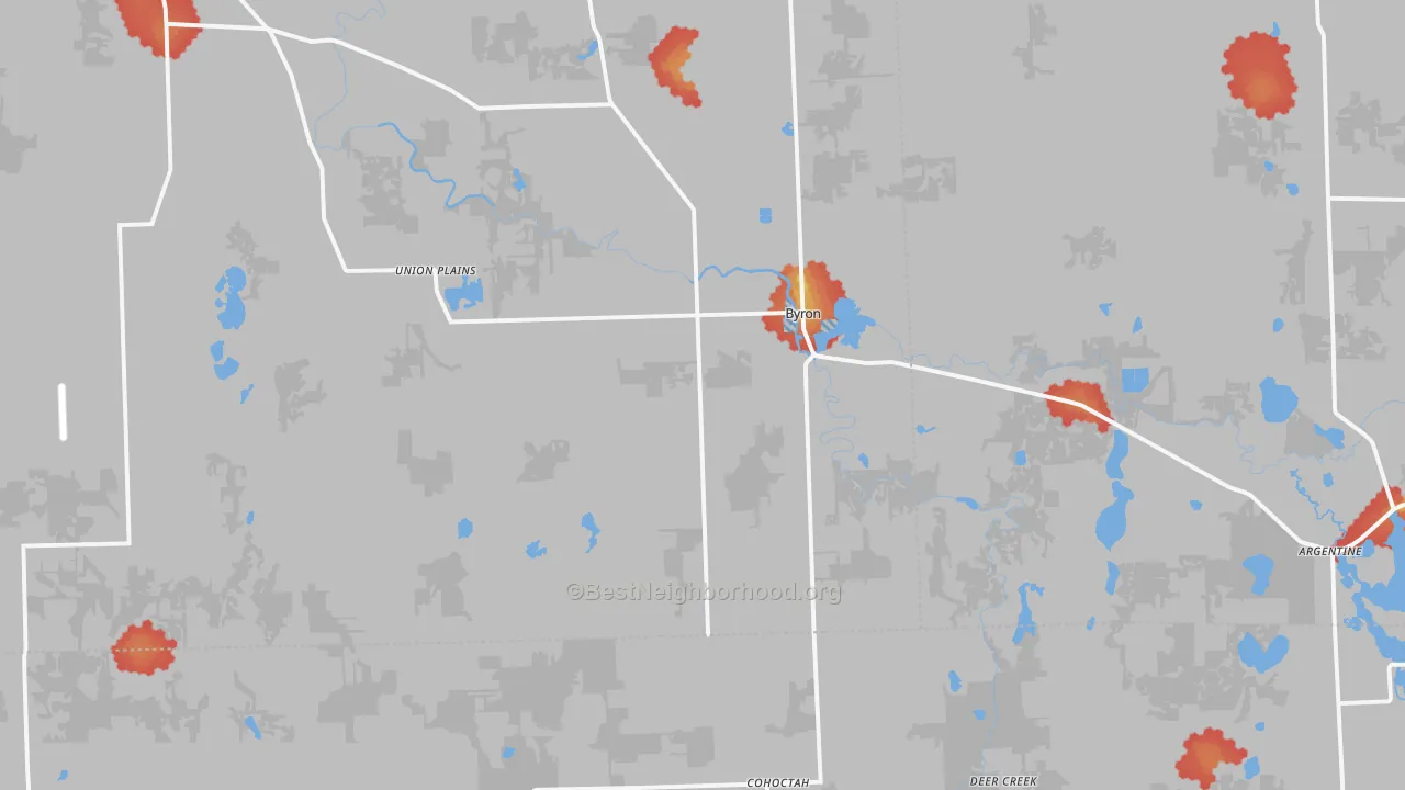 Walk Grade map of Byron, MI, walkable areas in green and car-dependent areas in red