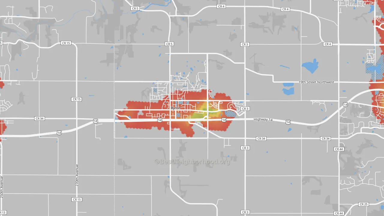 Walk Grade map of Byron, MN, walkable areas in green and car-dependent areas in red