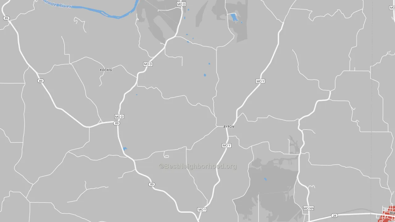 Walk Grade map of Byron, MO, walkable areas in green and car-dependent areas in red