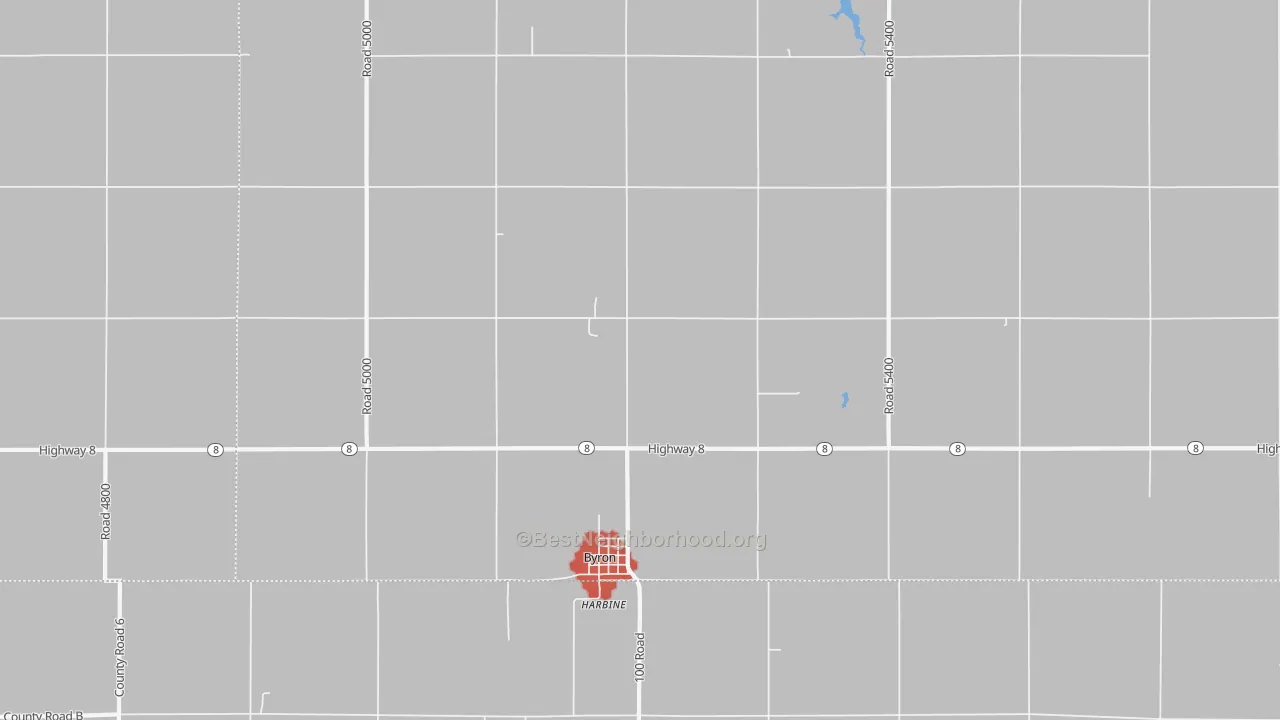 Walk Grade map of Byron, NE, walkable areas in green and car-dependent areas in red