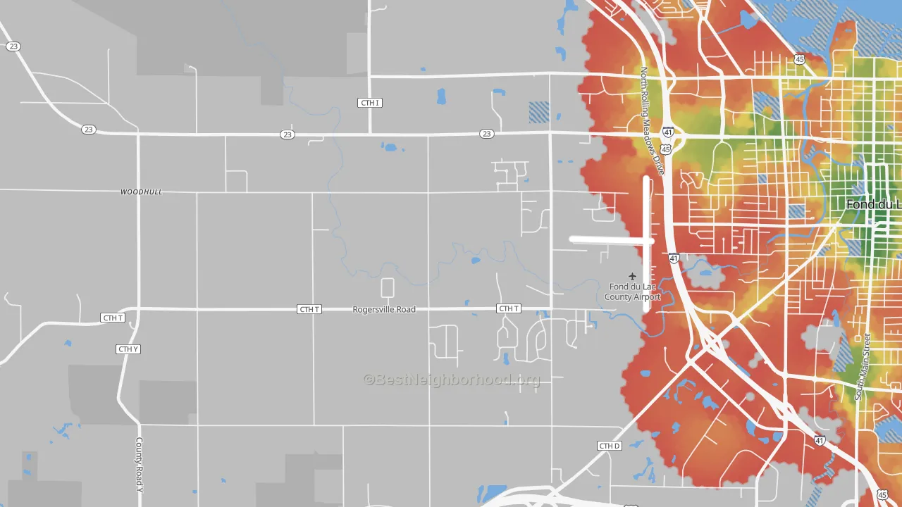 Walk Grade map of Byron, WI, walkable areas in green and car-dependent areas in red