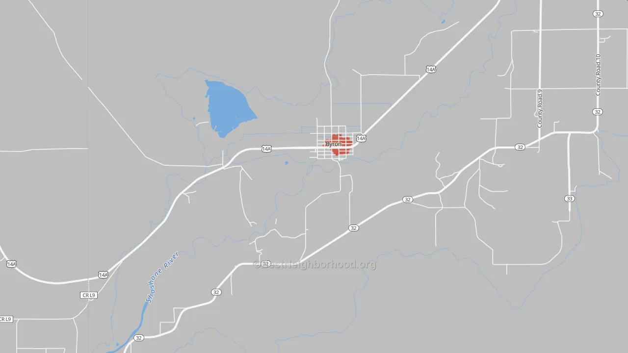 Walk Grade map of Byron, WY, walkable areas in green and car-dependent areas in red