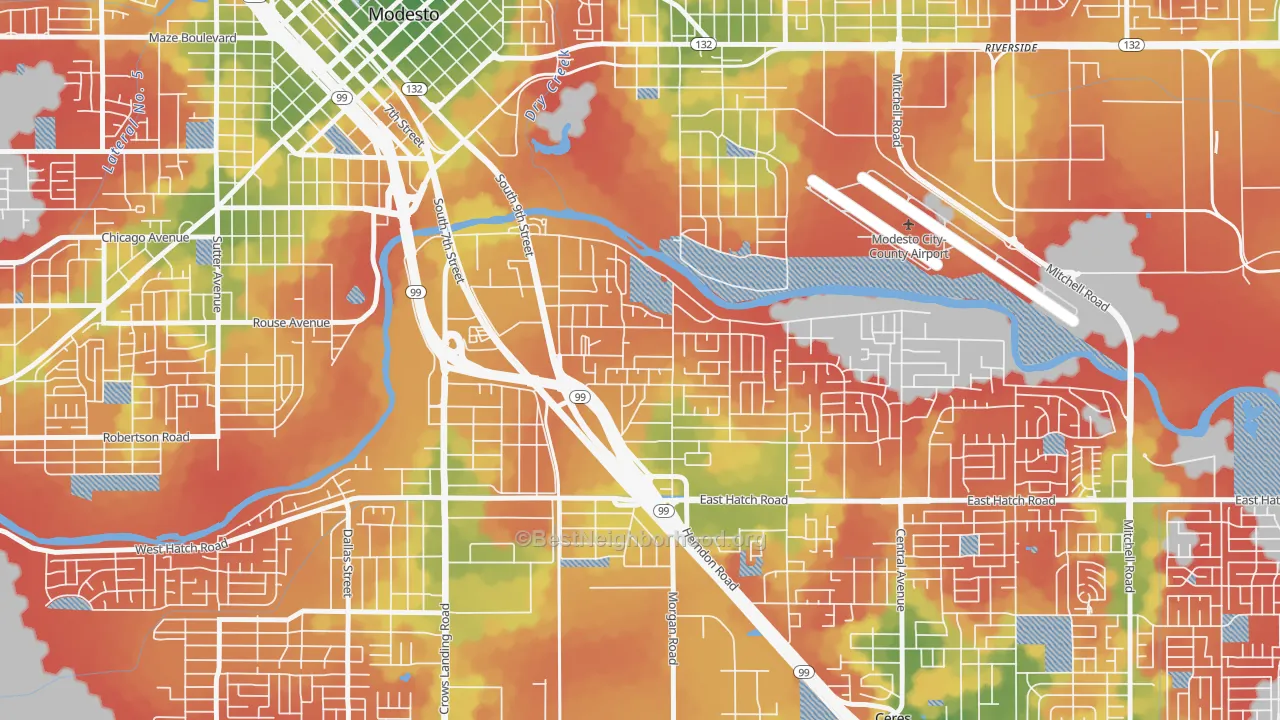 Walk Grade map of Bystrom, Modesto, CA, walkable areas in green and car-dependent areas in red