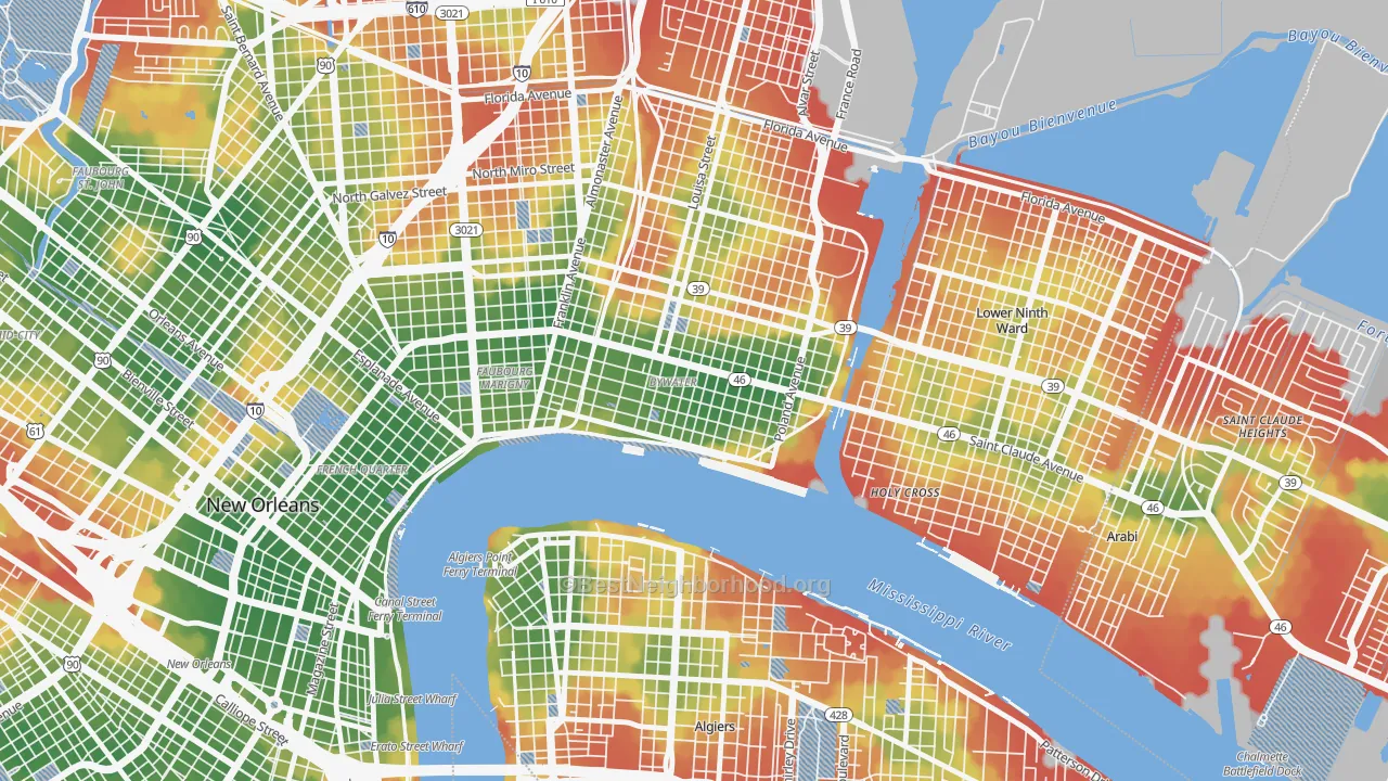 Walk Grade map of Bywater, New Orleans, LA, walkable areas in green and car-dependent areas in red