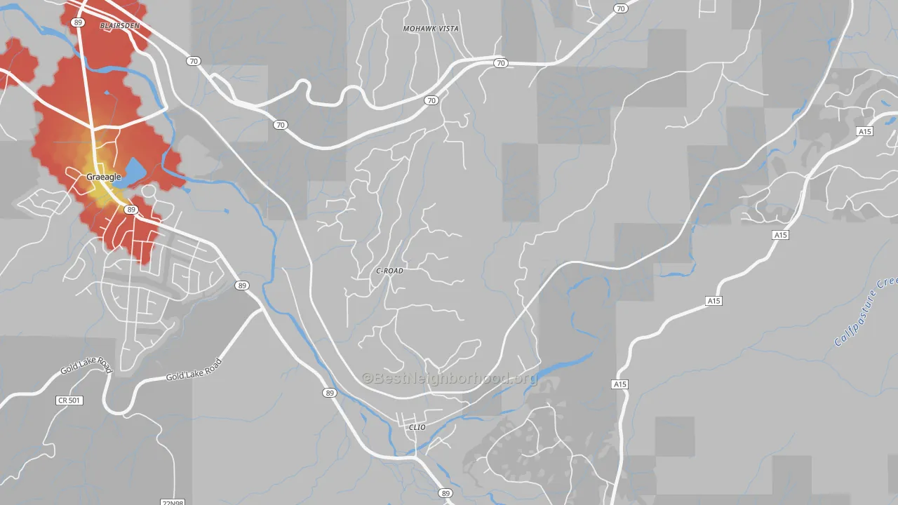 Walk Grade map of C-Road, CA, walkable areas in green and car-dependent areas in red