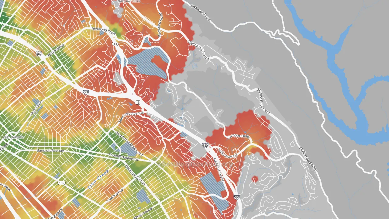 Walk Grade map of Caballo Hills, Oakland, CA, walkable areas in green and car-dependent areas in red