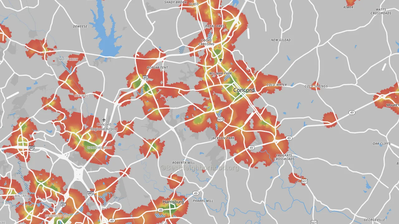 Walk Grade map of Cabarrus County, NC, walkable areas in green and car-dependent areas in red