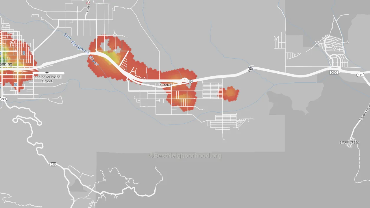 Walk Grade map of Cabazon, CA, walkable areas in green and car-dependent areas in red