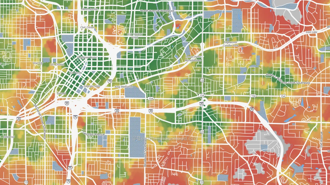 Walk Grade map of Cabbage Town, Atlanta, GA, walkable areas in green and car-dependent areas in red