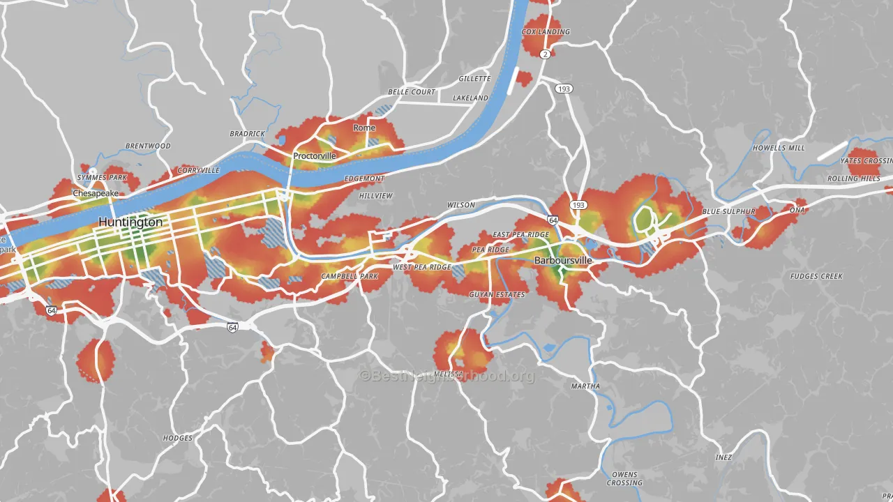 Walk Grade map of Cabell County, WV, walkable areas in green and car-dependent areas in red