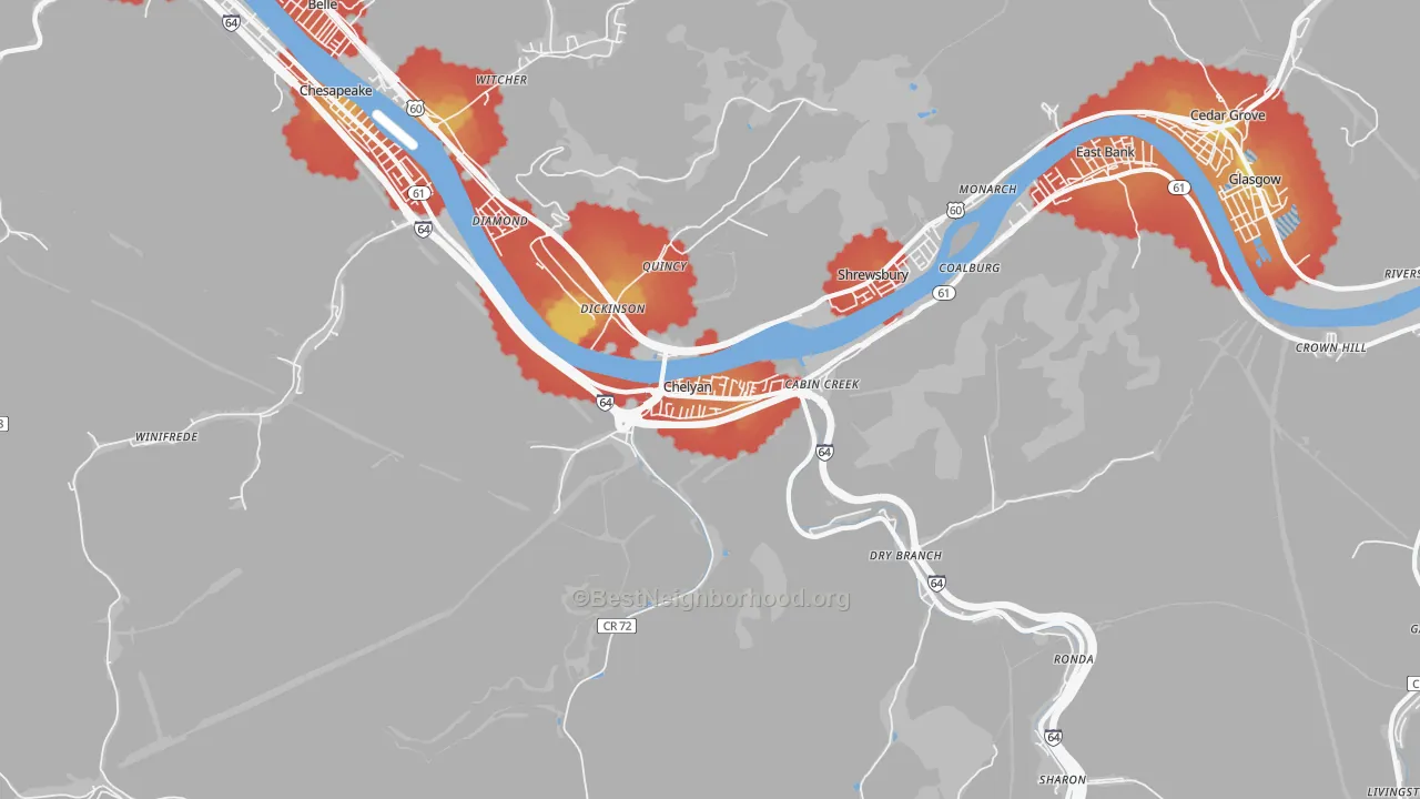 Walk Grade map of Cabin Creek, WV, walkable areas in green and car-dependent areas in red