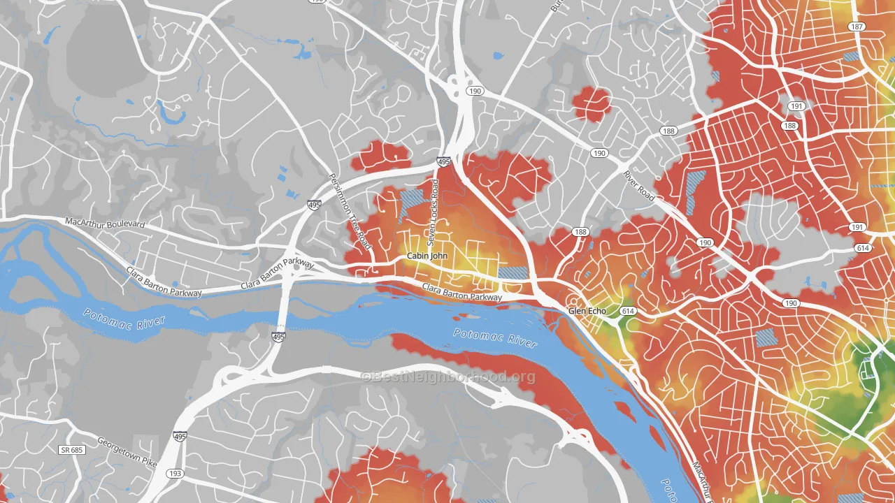 Walk Grade map of Cabin John, MD, walkable areas in green and car-dependent areas in red