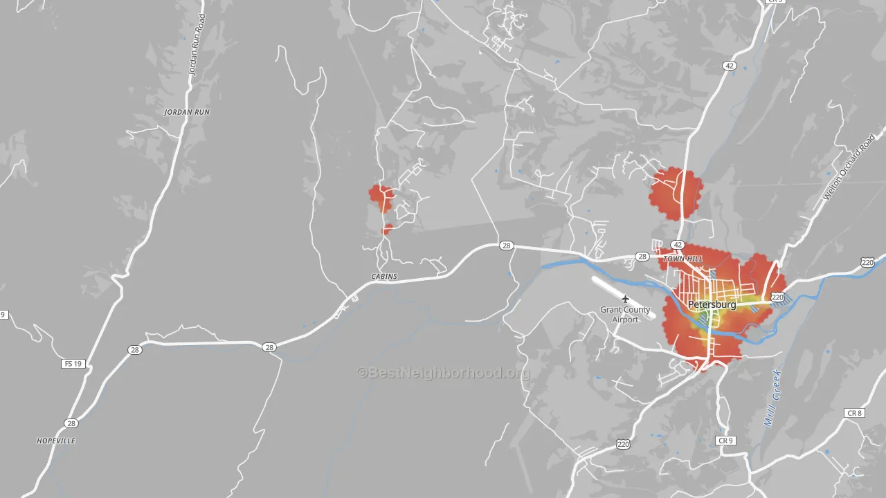 Walk Grade map of Cabins, WV, walkable areas in green and car-dependent areas in red