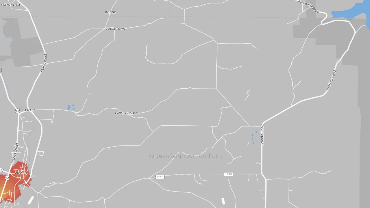 Walk Grade map of Cable Hollow, PA, walkable areas in green and car-dependent areas in red