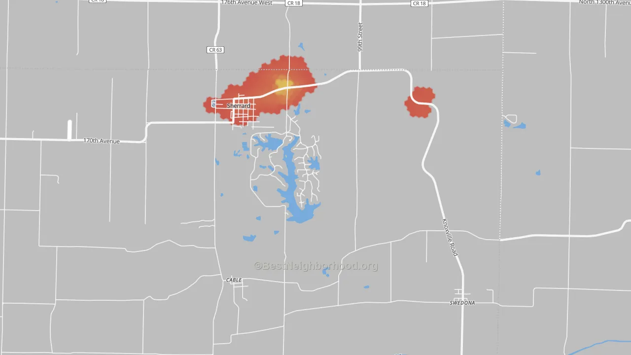 Walk Grade map of Cable, IL, walkable areas in green and car-dependent areas in red
