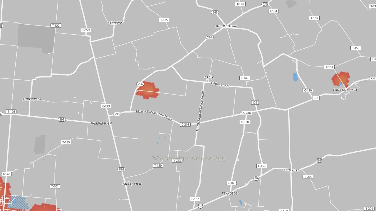 Walk Grade map of Cable, OH, walkable areas in green and car-dependent areas in red