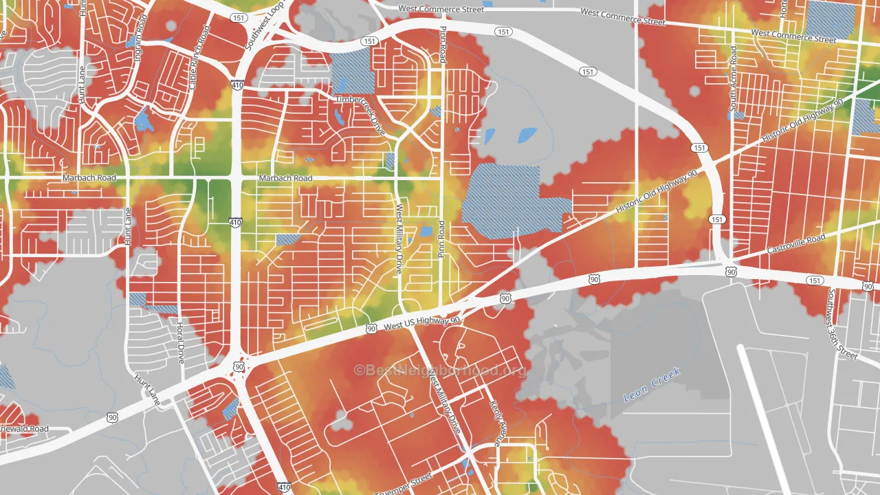 Walk Grade map of Cable-Westwood, San Antonio, TX, walkable areas in green and car-dependent areas in red